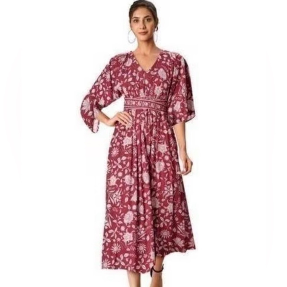 eShakti Wayward Fancies Burgundy Crepe Dress V-Neck Boho Dolman Sleeve Sz 8 - Picture 7 of 11